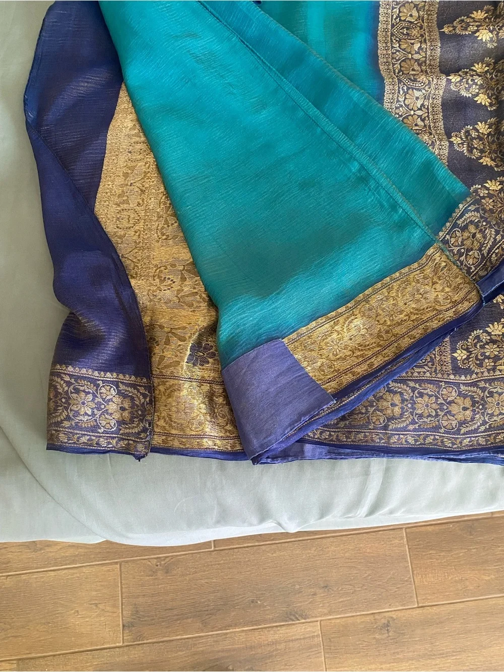 Crush Tissue Indian Saree Teal Blue Shimmer with Large Choli Blouse Vintage Sari - Picture 5 of 5